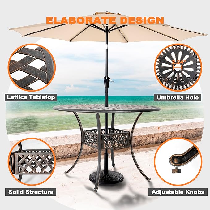 NUU GARDEN 5 Piece Outdoor Patio Dining Set, 42" Cast Aluminum, Round Patio Dining Table with 2.24" Umbrella Hole and Patio Dining Chairs with Cushions for Garden, Balcony, Bronze and Red