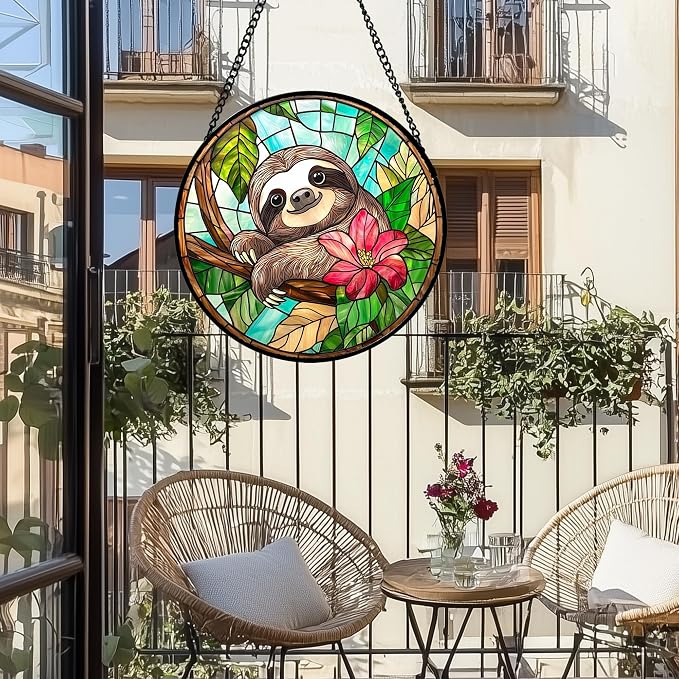 Stained Glass Window Hanging, Cute Sloth Sun Catcher for Door Home Decor Animal Suncatcher Christmas Mother's Day Birthday Gifts for Women Men Mom and Nana 7.8 in