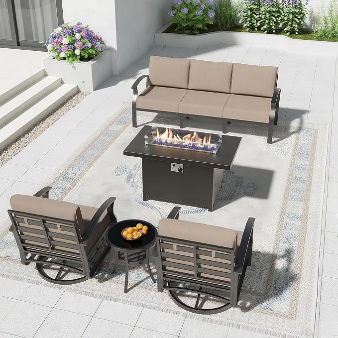 Aluminum Patio Furniture Set with 55,000 BTU Propane Fire Pit Table,5 Seats Metal Modern Outdoor Furniture w/5.1" Cushions,Patio Sectional w/Swivel Chairs for Backyard,Patio,Sand