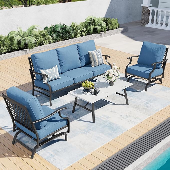 SUNSHINE VALLEY 4 Piece Metal Outdoor Patio Furniture Set, Patio Conversation Set 1 3-seater Sofa, 2 Rocking Chair with 5.75" Extra Thick Cushion and Coffee Table, Black Frame Backyard Furniture, Navy