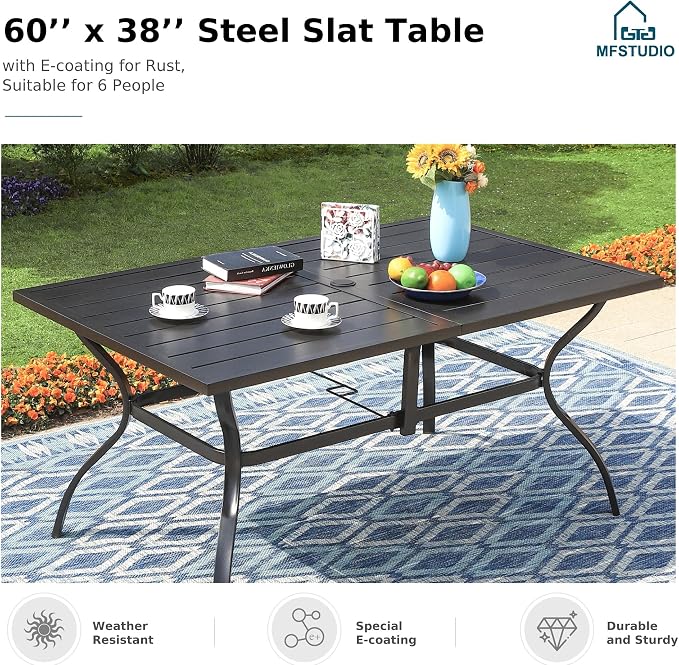MFSTUDIO 7 Pieces Outdoor Dining Sets, Metal Rectangular Dining Table & 6 Cushioned Chairs, Wicker Patio Dining Furniture, All Weather Outdoor Furniture, E-Coated Frame, Rattan