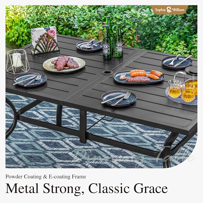 Sophia & William 7 Piece Metal Outdoor Patio Dining Bistro Sets with Umbrella Hole, 60" x 37.8" Rectangle Patio Table and 6 Backyard Garden Outdoor Chairs