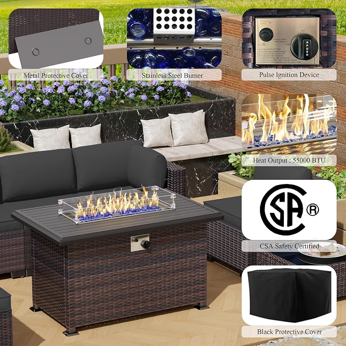 13 Pieces Outdoor Patio Furniture Set,Outdoor Sectional Furniture with 43" 55000 BTU Gas Propane Fire Pit Table,PE Rattan Wicker Patio Conversation Set with 10 Thickened Cushions,Grey
