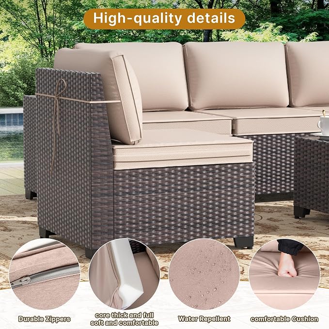 Gotland 9 Pieces Patio Furniture Set, 7-Seater Patio Furniture in 4 Combinations with Wide Armrests 29.5'' High Backrest, 2 Swivel Rocking Chairs 1 Coffee Table, for Deck Garden Pool Party Khaki