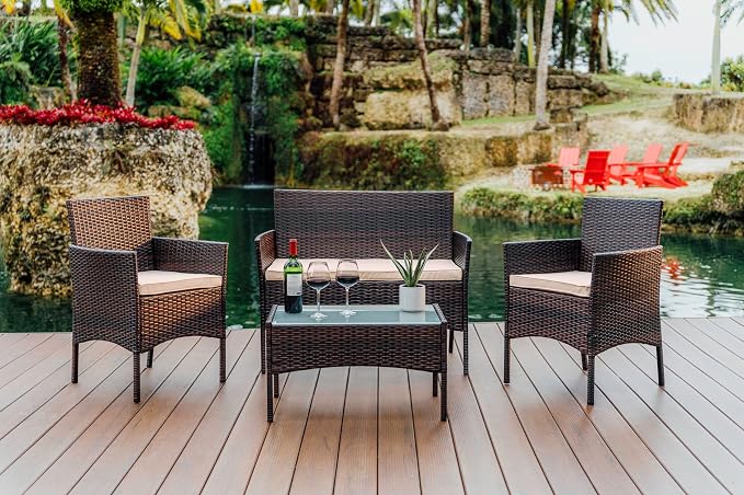 Nestl Wicker Patio Furniture - 4 Piece Set with 2 Chairs, Loveseat, Glass Top Coffee Table, Outdoor Furniture for Backyard, Pool or Porch (Brown/Beige)