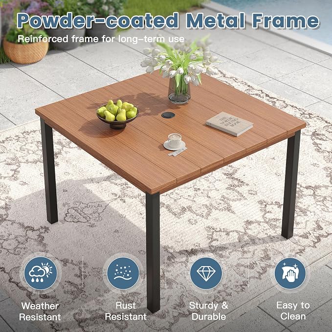 DIFY 5 Pieces Outdoor Dining Set for 4, 40.2" Walnut Square Metal Table with 2 Stackable Wicker Patio Chairs & 2 Swivel Chairs, Patio Furniture Set with Cushions and Umbrella Hole, Wheat Rattan