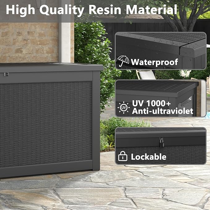 Bifanuo Outdoor Storage Box, 300 Gallon Deck Boxes Waterproof, Resin Storage Cabinet Multi Functional Storage Bench For Gardening Tools, Pool Supplies, Patio Furniture, Lockable