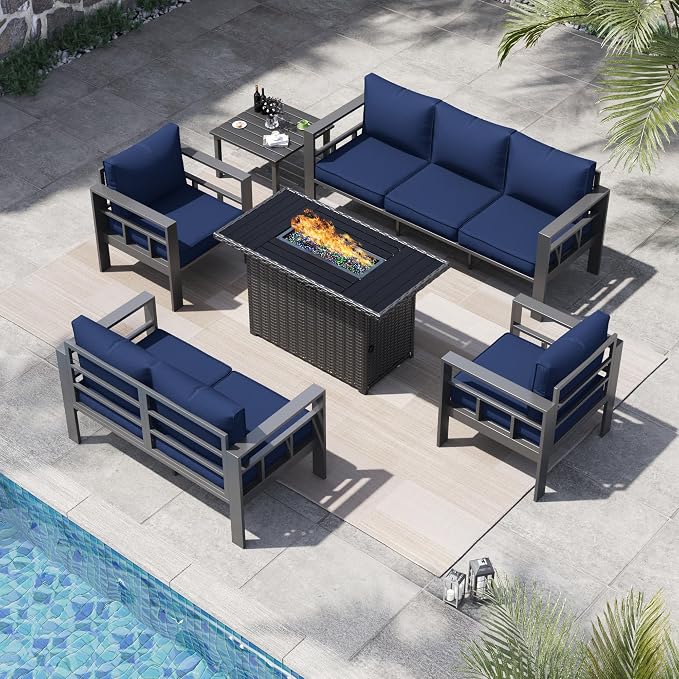 6 Piece Aluminum Patio Furniture Set with 44" Fire Pit Table & Thick Cushions, Aluminum Outdoor Sectional Conversation Set with Coffee Table for Porch, Backyard(Grey/Navy Blue)