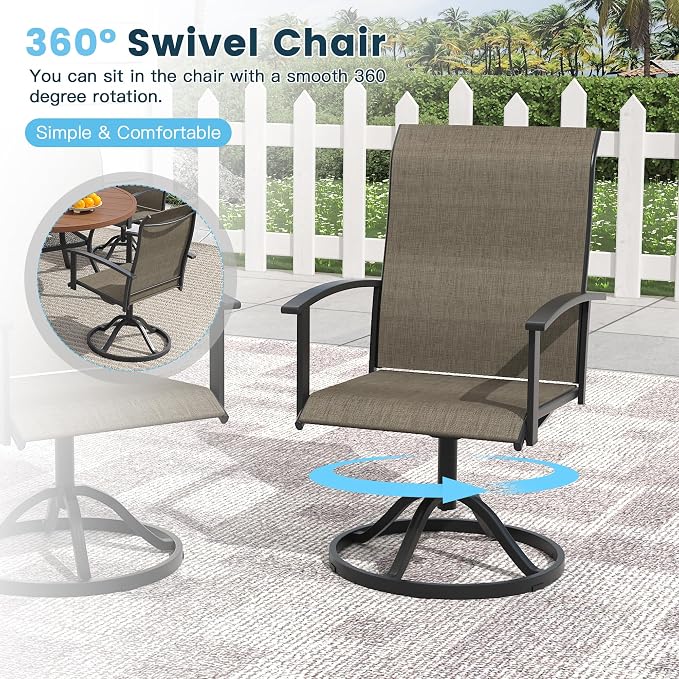 5 Pieces Outdoor Patio Dining Set, 40.6" All Weather Round Metal Table with Umbrella Hole and Storage Shelf, 4 High Back Textilene Swivel Chairs for Garden, Lawn, Walnut Table & Brown Chairs