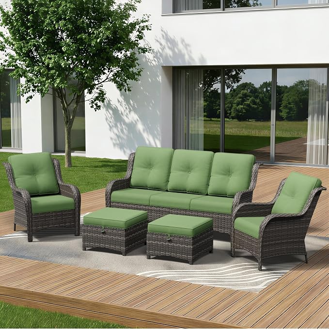 5 Piece Outdoor Wicker Patio Furniture Set, Patio Chairs Set with Thickened Olefin Cushions, High Back and Deep Seating, Hand-Woven PE Rattan, Ottoman for Porch, Deck