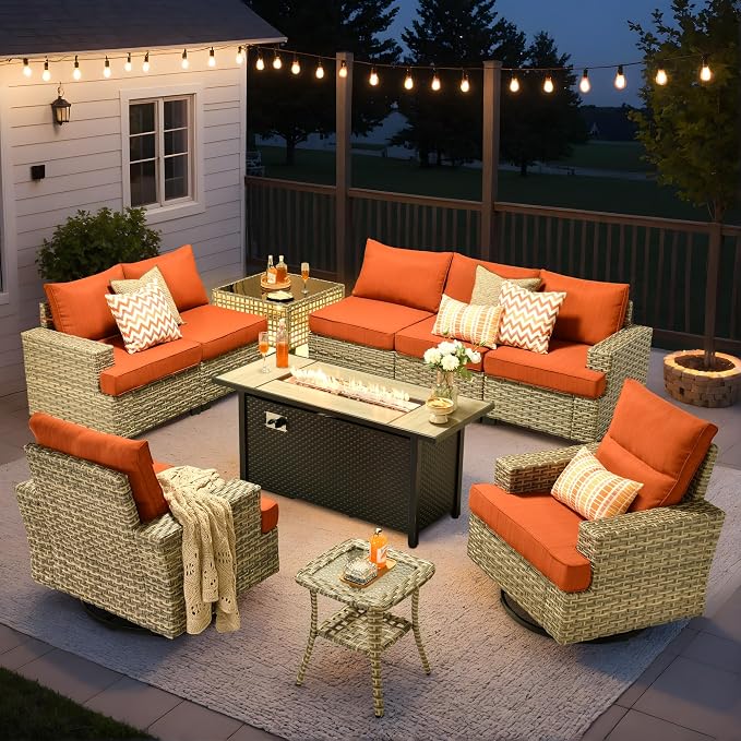 10 Pcs Outdoor Sectional Patio Furniture Set with Fire Pit Table and Swivel Rocking Chairs - All Weather Wicker Modular Outside Sectional Couch,Patio Seating Outdoor Conversation Sets,Orange Red