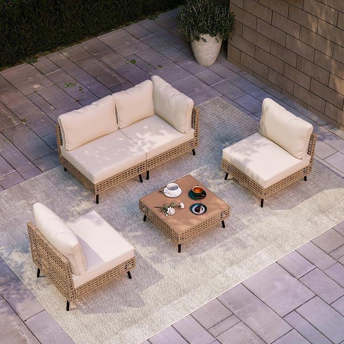 LAUSAINT HOME Outdoor 5 Pieces PE Wicker Patio Conversation Set, All-Weather Rattan Sectional Sofa with Thick Cushions & Coffee Table for Garden, Yard and Balcony (Beige)