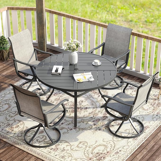 VICLLAX Patio Dining Set for 4, 5 Pieces All Weather Outdoor Dining Set - 40.6" Round Outdoor Table and 4 Patio Swivel Chairs for Lawn Garden, Grey Tabletop and Grey Fabric