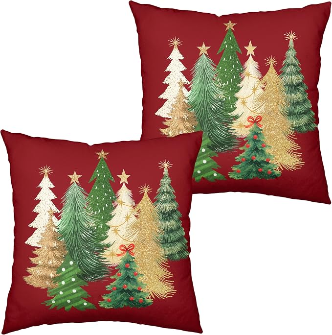 Red Christmas Pillow Covers 18x18 Set of 2 Gold Green Xmas Tree Pillow Case Winter Holiday Throw Pillow Covers Double Sided Printing Decorative Cushion Case for Couch Sofa