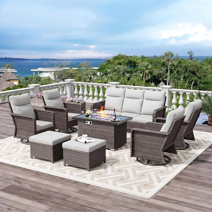 Brafab 9 Seats Outdoor Patio Furniture Set with Fire Pit Table, High Back Swivel Chairs Conversation Sets with Ergonomic Backrest, Wicker Sectional Sofa with Gilder Chair for Yard Garden Porch, Beige