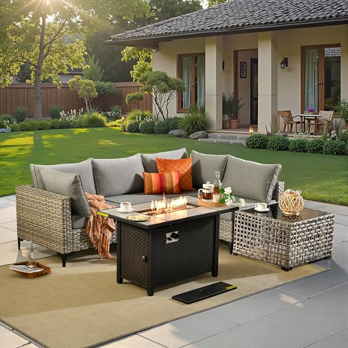 6 Pcs Patio Furniture with Fire Pit Table, Outdoor Rattan Wicker Conversation Set with Glowing Coffee Table, Comfy Sectional Sofa for Porch Balcony Backyard Pool, Grey