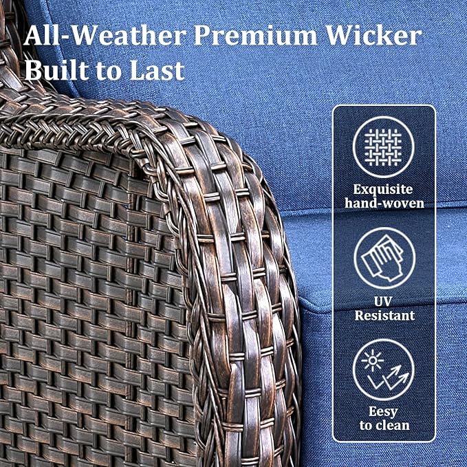 Luxury Outdoor Swivel Rocker Patio Chairs Set of 5, High Back Swivel Patio Chairs with Side Table & 6-Inch Cushions, Ottoman, Wicker Outdoor Bistro Set for Porch, Yard, Deck, Poolside, Brown/Blue