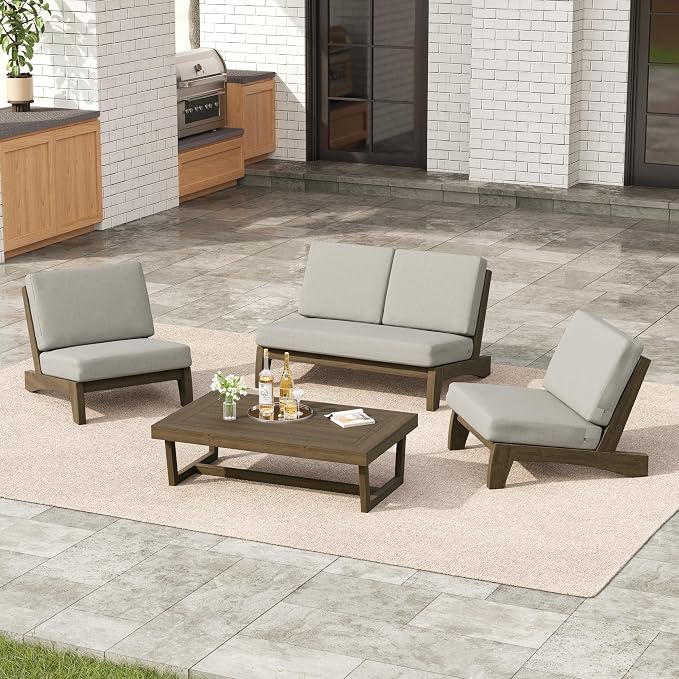 4 Pieces Patio Furniture Sets, All-Weather Outdoor Wood Bistro Set Patio Conversation Coffee Table Chiars and Patio Loveseat for Balcony, Backyard