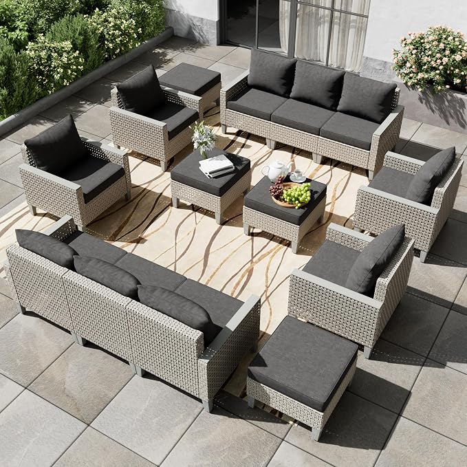 Outdoor Patio Furniture Set 14-Piece Modular Wicker Sectional Sofa with Ottomans and Thick Cushions, Modern Rattan Outdoor Conversation Couch for Garden Backyard, Black