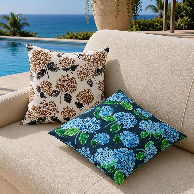 DFXSZ Outdoor Pillow Covers 20x20 Inch Set of 2 Brown Hydrangea Decor Waterproof Throw Pillow Covers Spring Summer Outdoor Waterproof Pillowcases Decor for Patio Funiture Garden Sofa Couch 026C20