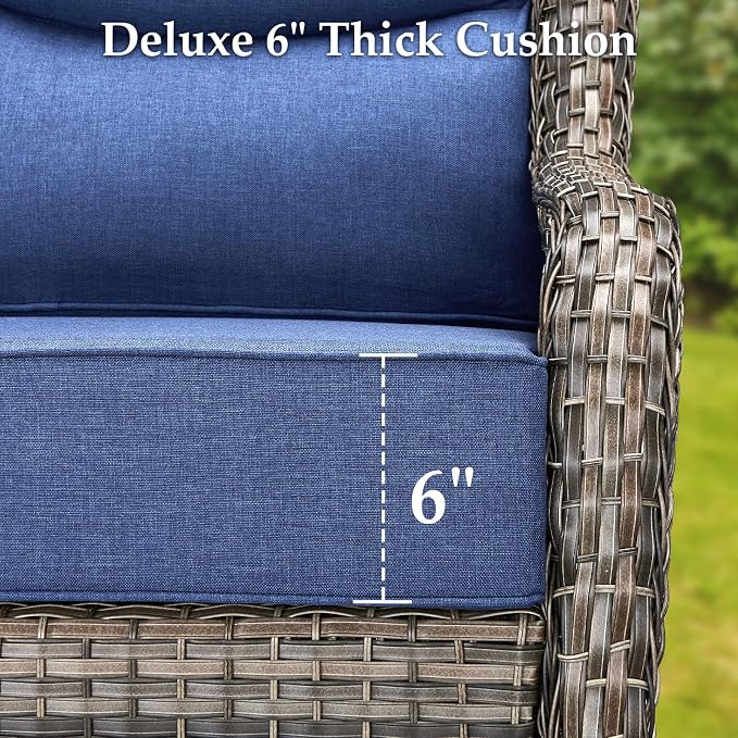 Luxury Outdoor Patio Furniture Set-Wicker High Backrest 3-Seat Patio Sofa with Comfy 6" Cushion, Rattan Couch with Deep Seat All-Weather Patio Conversation Set for Deck Backyard Garden(Grey/Blue)