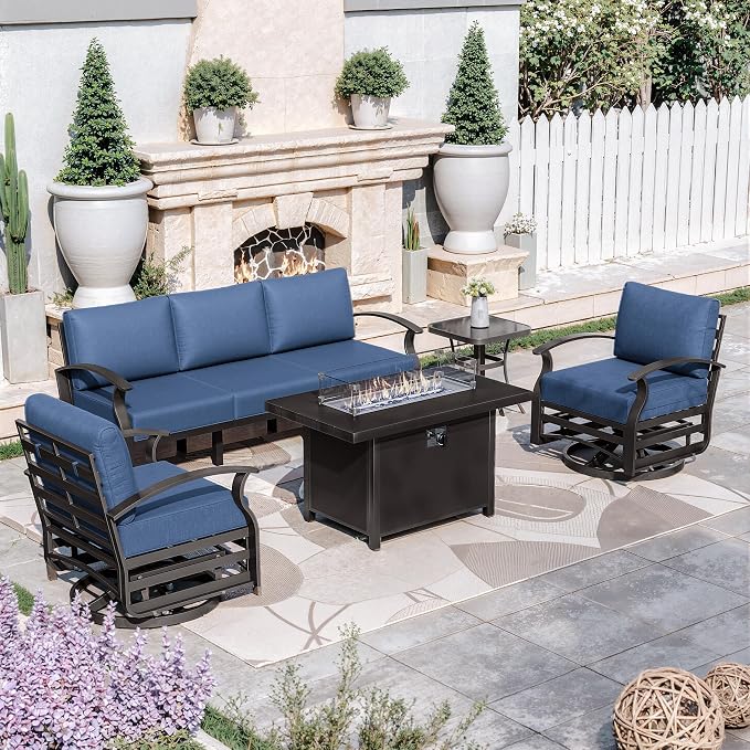 Kurapika Aluminum Patio Furniture Set 5-Seat Modern Metal Outdoor Conversation Sets w/45in Propane Fire Pit Table, Swivel Rocking Chairs Patio Sectional Sofa w/5.1in Cushion, Navy Blue