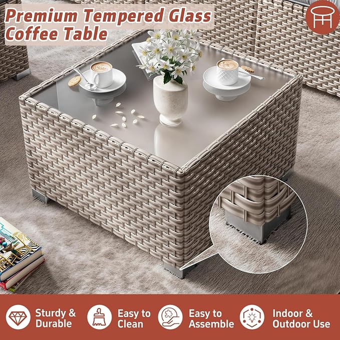6 Pieces Patio Furniture Set, Outdoor Sectional Wicker Sofa with Thickened Cushions and Coffee Table, High Back Rattan Patio Conversation Sets for Garden Backyard, Black