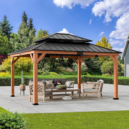 Modern Shade Rosewood Wood Gazebo 13' x 15', Hardtop Gazebo Permanent with Double Galvanized Steel Roof, Cedar Outdoor Gazebo with Sturdy Hooks for Garden, Backyard, Patio, and Deck
