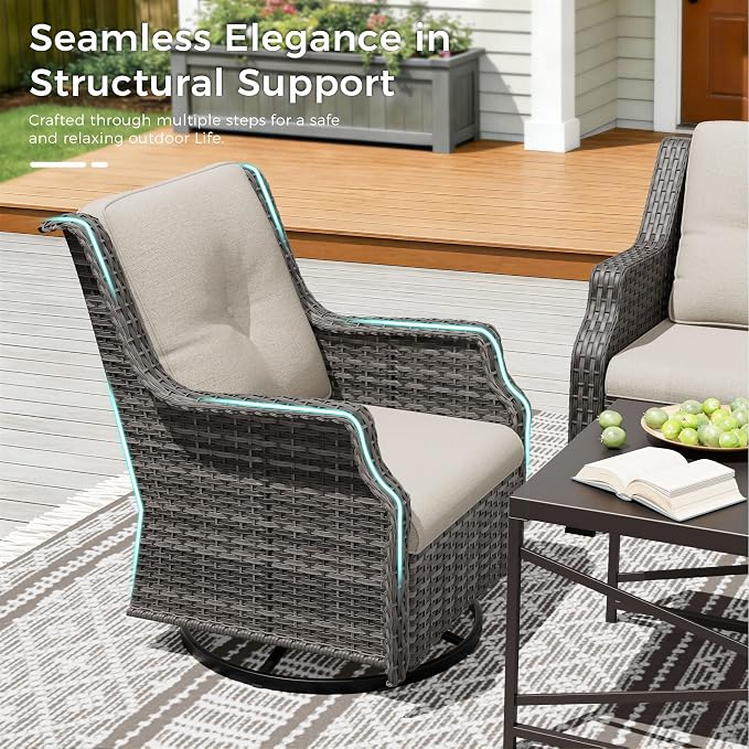 Swivel Patio Chairs Set of 2, Wicker Patio Furniture with Thick Cushions, Curved Armrest, Deep Seating, Rattan Outdoor Chairs for Porch, Deck, Balcony