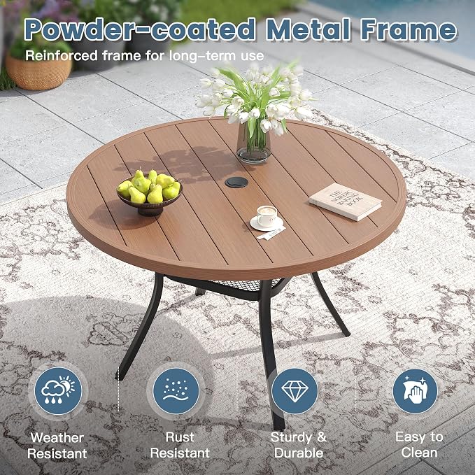 DIFY 7 Piece Outdoor Dining Set, Patio Table and Chairs Set for 6 with Umbrella Hole, 47.2" Walnut Round Dining Table & Stackable Wicker Patio Chairs, Metal Patio Furniture Set for Garden Backyard