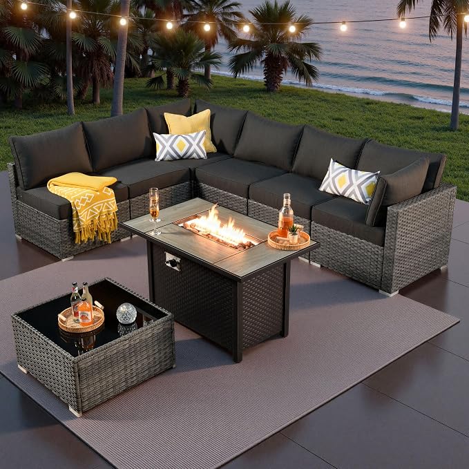 ovios Outdoor 8 Piece Patio Furniture Set with Fire Pit Table,Conversation Sectional Wicker Couch with Coffee Table,Modern Outside Sofa for Balcony Backyard, Black