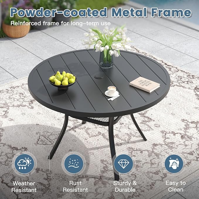 DIFY 5 Piece Outdoor Dining Set, Patio Table and Chairs Set for 4 with Umbrella Hole, 40.6" Black Round Dining Table & Stackable Wicker Patio Chairs, Metal Patio Furniture Set for Garden Backyard