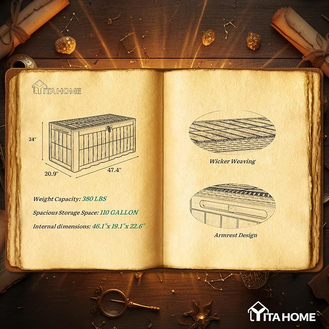 YITAHOME 110 Gallon Outdoor Deck Box, Waterproof Resin Storage Box with Lock, Lockable Patio Furniture Bin, 2-Person Bench Seating for Outdoor Cushions, Garden Tools & Sports/Pool Supplies, Dark Gray