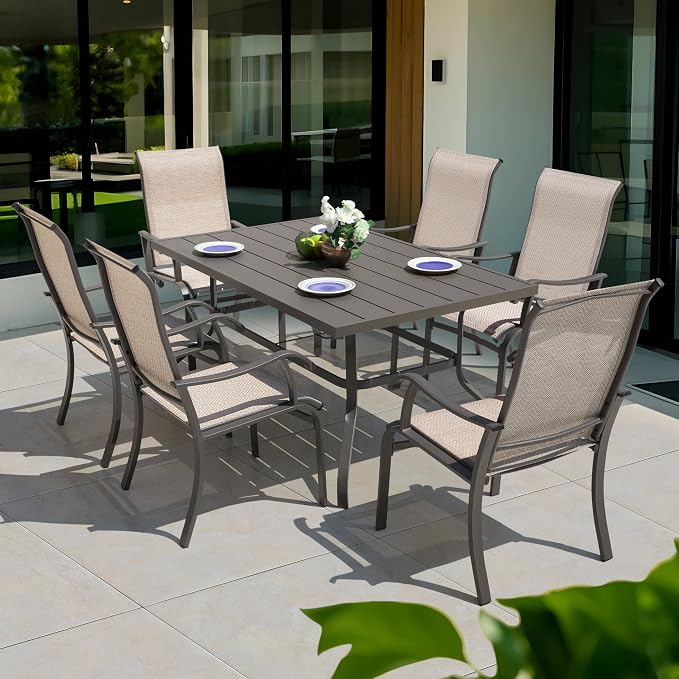 NUU GARDEN 7 Piece Outdoor Dining Set, 6 Textilene Dining Chairs and 60.6'' Rectangular Slatted Table with Umbrella Hole, Weather-Resistant Patio Dining Furniture for Garden Patio Backyard, Beige