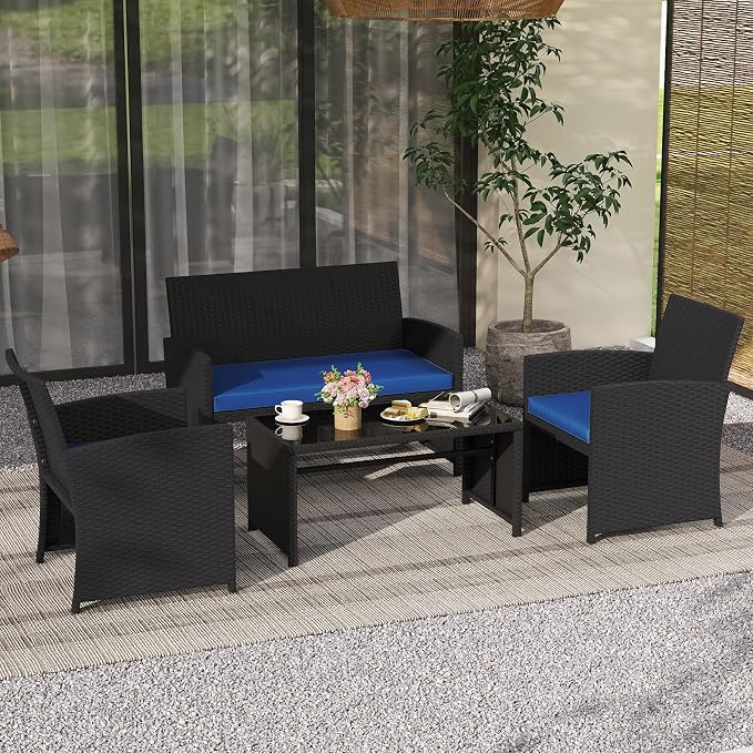 Tangkula 4 Pieces Patio Wicker Furniture Set, Outdoor Heavy Duty Rattan Cushioned Chairs, Loveseat and Tempered Glass Coffee Table, for Backyard, Balcony, Poolside