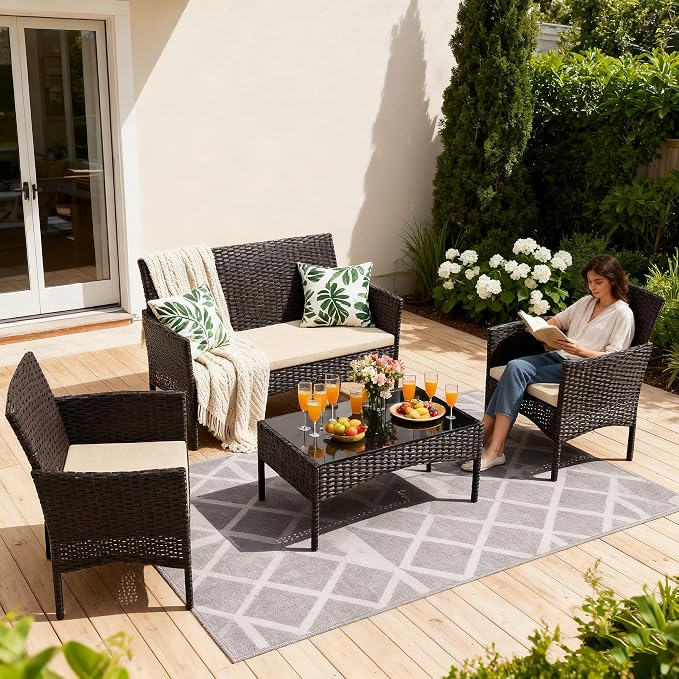 Gotland 4 Pieces Patio Furniture Set, Wicker Outdoor Furniture with 2 Chairs 1 Loveseat 1 Glass Coffee Table, Weather-Resistan Patio Set with Cushions, for Backyard Pool Porch Khaki