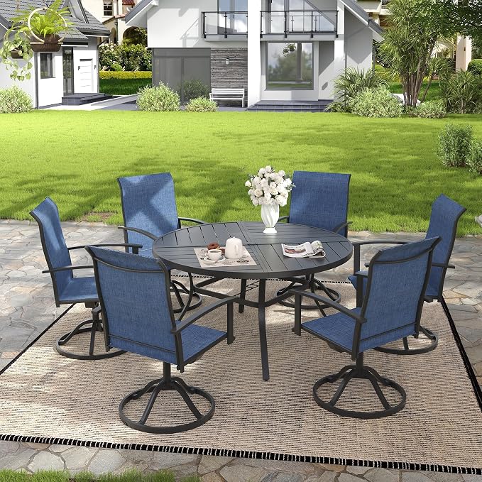 VICLLAX 7 Pieces Patio Outdoor Dining Set, 6 Swivel Textilene Chairs and 50" Round Metal Table with Umbrella Hole for Porch, Deck, Garden, Black/Dark Blue
