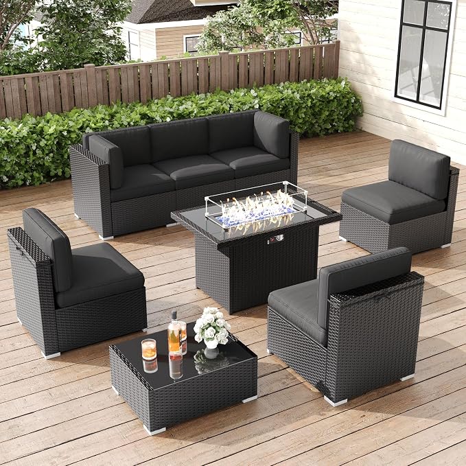 LayinSun 8 Pieces Patio Furniture Set with Fire Pit Table, Black Rattan Modular Sectional Patio Conversation Sofa Set