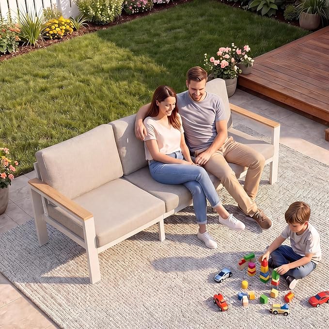 3-Seat Aluminum Outdoor Sofa, 1-Piece Powder-Coated Patio Sectional Sofa with 1.5mm Thick Frame, Anti-Hot Armrest & Waterproof Removable Cushions, Large Outdoor Couch for Backyard Courtyard Beige