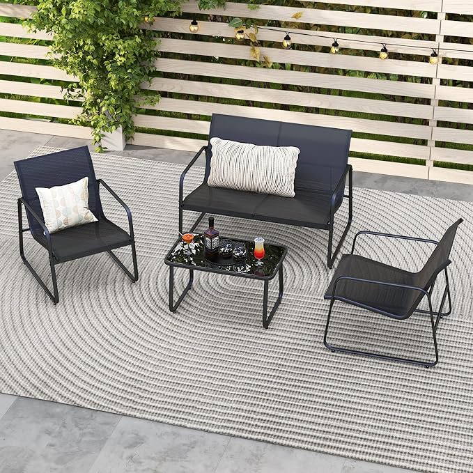 Tangkula 4 Pieces Patio Furniture Set, Outdoor Conversation Set with Tempered Glass Coffee Table, Outdoor Garden Porch Furniture Set with Breathable Fabric and Rustproof Metal Frame (1, Black)