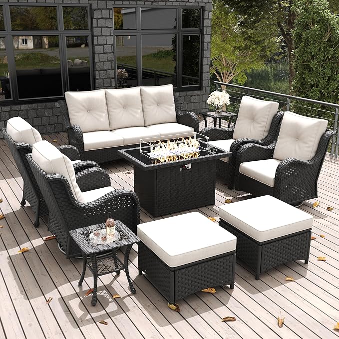 LayinSun 10 Pieces Outdoor Patio Furniture Set with Fire Pit Table, Rattan Wicker Sectional Swivel Rocker Chairs Sets with Ottomans, Swivel Glider Chair, Single Chairs and Coffee Table