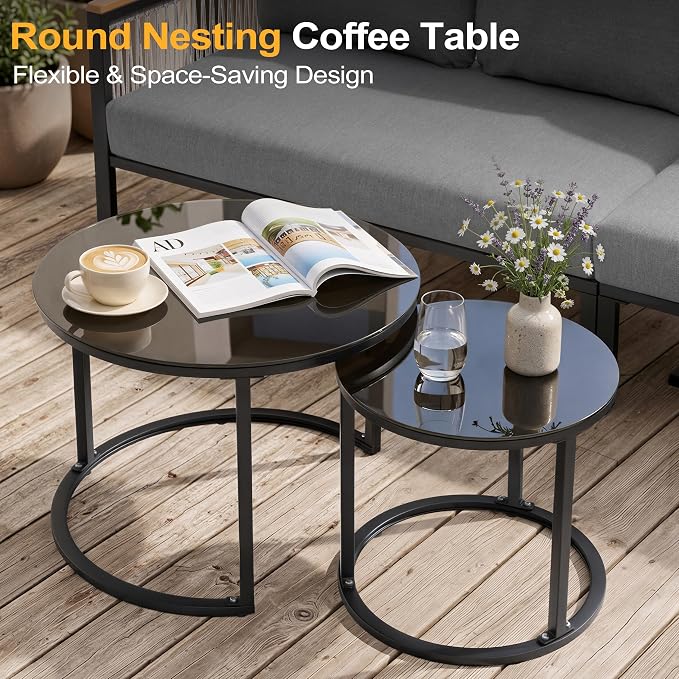 7-Piece L-Shaped Patio Conversation Sets, Hand-Woven Wicker Outdoor Sectional Sofa with Glass Nesting Coffee Table, Weather-Resistant Frame, Removable Cushion for Deck, Porch, Backyard (Gray)