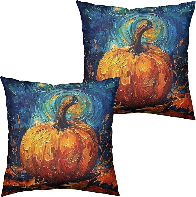 Fall Van Gogh Pillow Covers 20x20 Set of 2 Autumn Pumpkin Under Starry Night Throw Pillow Covers Oil Painting Pillowcase Cushion Case for Home Decor Patio Outdoor Sofa
