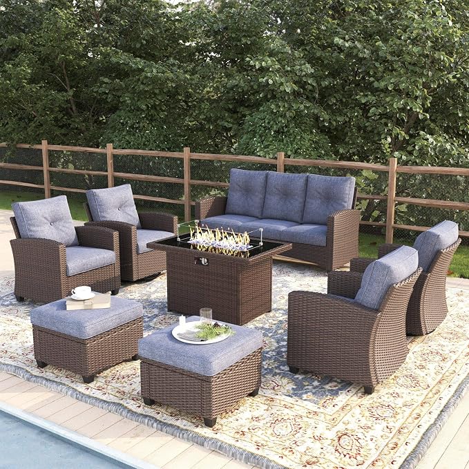 8 Pieces Patio Furniture Swivel Chairs Set with Fire Pit Table, Outdoor Wicker Glider Rocking Chairs with Sofa Set