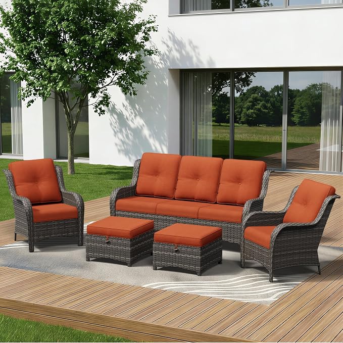 5 Piece Outdoor Wicker Patio Furniture Set, Patio Chairs Set with Thickened Olefin Cushions, High Back and Deep Seating, Hand-Woven PE Rattan, Ottoman for Porch, Deck