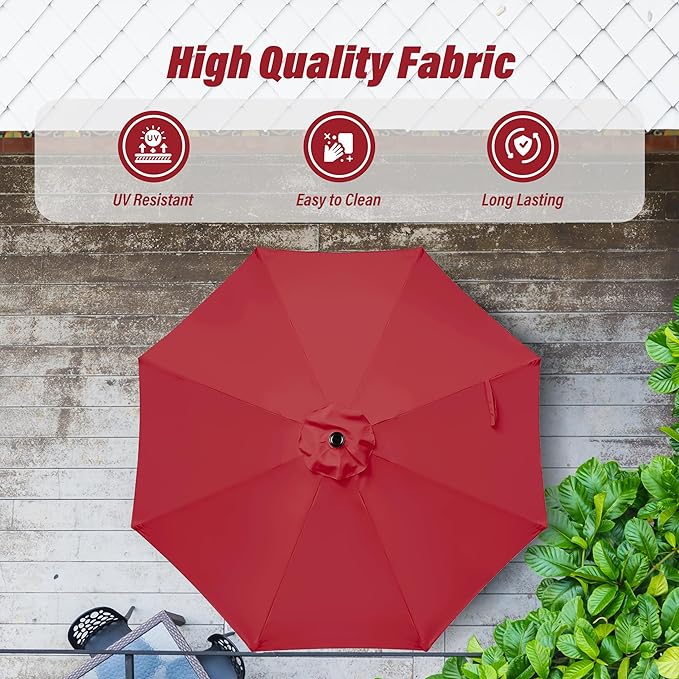 Simple Deluxe 9FT Outdoor Patio Umbrella Table Market Umbrella with Push Button Tilt and Crank, 8 Sturdy Ribs, UV Protection Waterproof for Garden, Lawn, Deck, Backyard, Pool, Red
