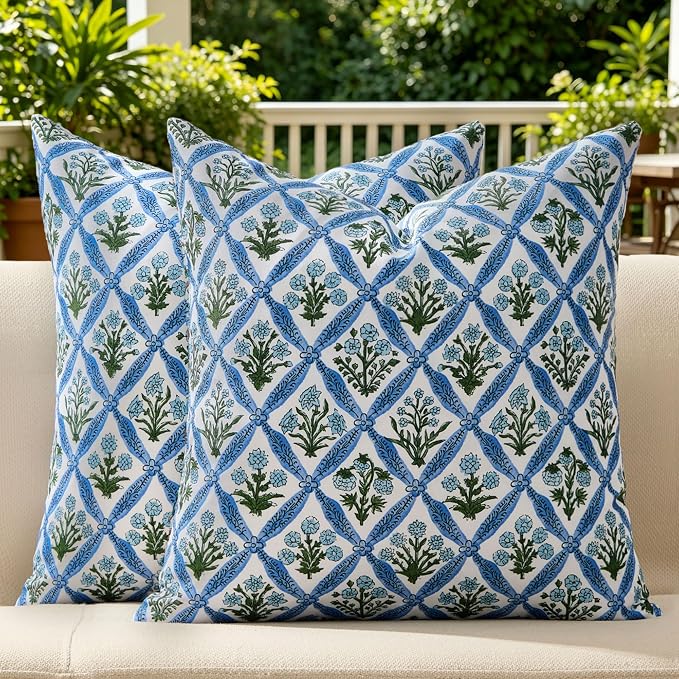 Allorry Floral Outdoor Pillow Covers 18x18 Blue Outdoor Waterproof Decor | Set of 2 Vintage Floral Block Print Pillow Cover,Farmhouse Boho Decorative for Spring Summer Outdoor Sofa Bedroom Decor