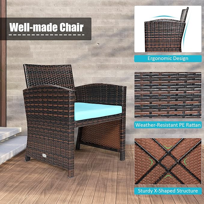 Tangkula 3-Piece Outdoor PE Rattan Furniture Set, Patio Conversation Set w/Chair & Storage Coffee Table, Detachable Cushion, Stable X-Shaped Frame, Perfect for Garden, Backyard, Poolside (Turquoise)