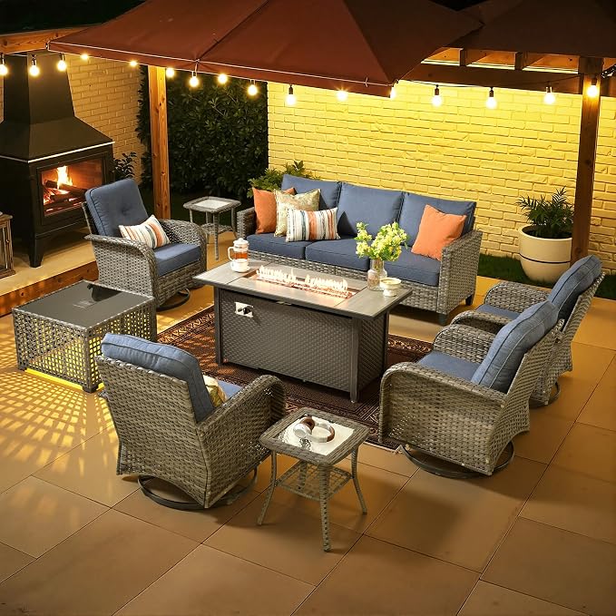 CAODOC 9 Pieces Outdoor Furniture,Patio Furniture with 54" Fire Pit Table,Wicker Conversation Set for Balcony,Deck,Pool and Backyard(Blue)