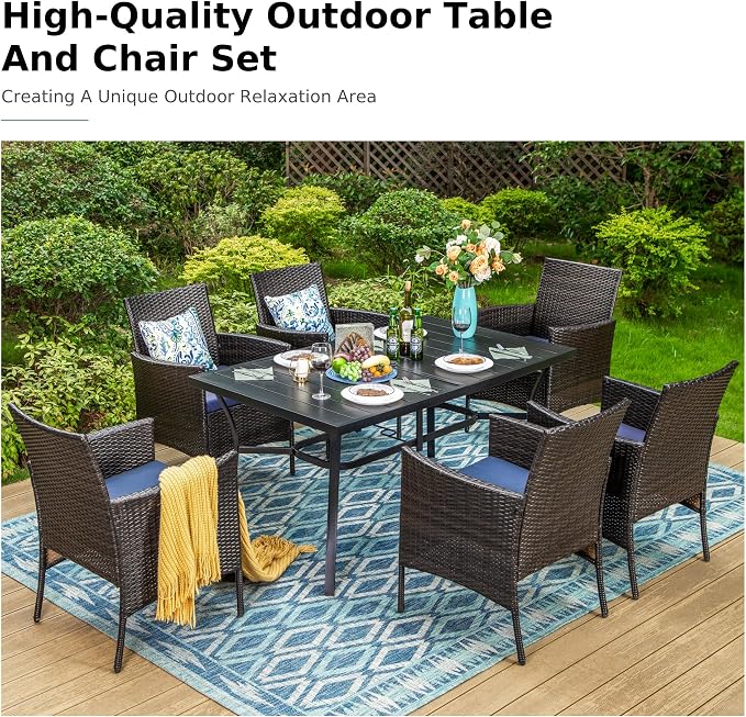 MFSTUDIO 7 Pieces Patio Wicker Outdoor Rattan Dining Furniture Set for 6, Outdoor Furniture Rectangular Dining Table and Chairs Set, Patio Wicker & Metal Dining Set for 6 and Chairs